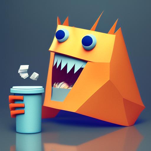 Paper monster eating a trash can